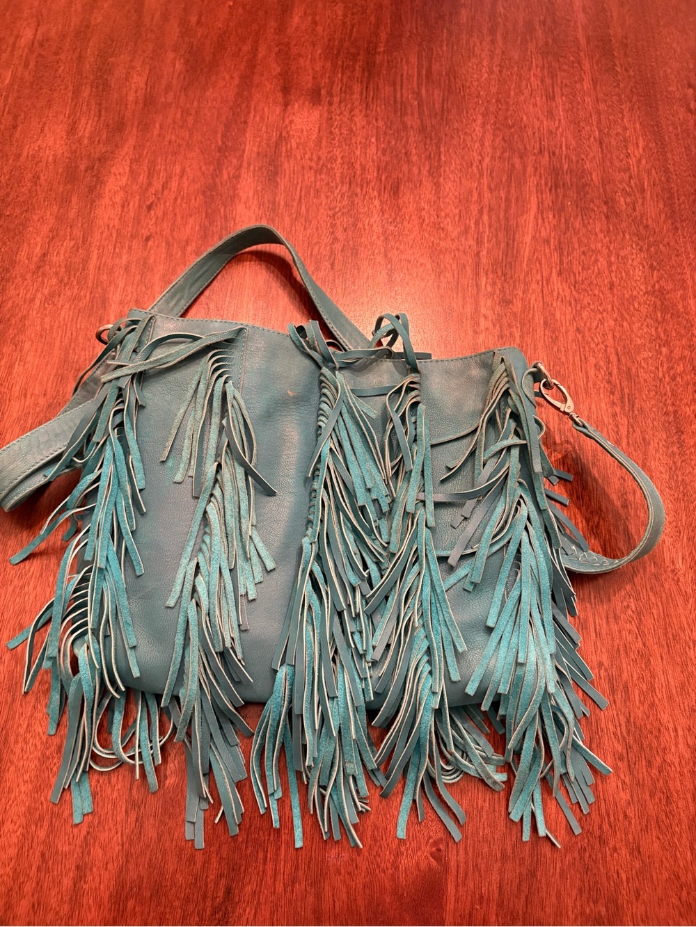 Teal/ turquoise Fringe Leather Shoulder Bag - Women's Fashion Tote